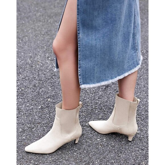 Women's Beige Ankle Low Kitten Heel Pointed Toe Slip On Dressy Winter Booties - Picture 2 of 6